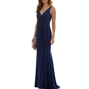 Betsy & Adam Navy Blue Ruched Ruffle Evening Gown Size 8 Elegant Formal wedding